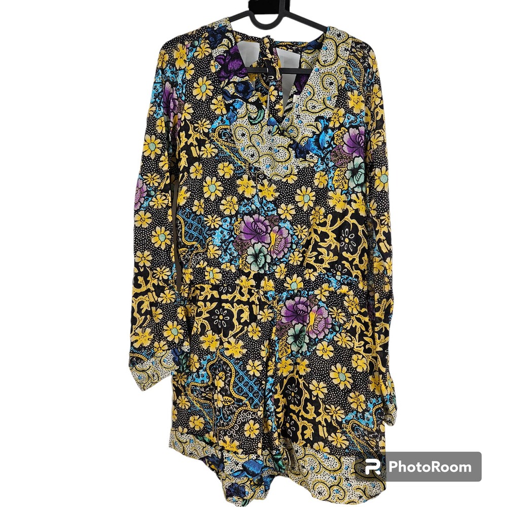Anthropologie x Warm Romper Black Yellow Floral Print V-Neck Long Sleeve Size 0
